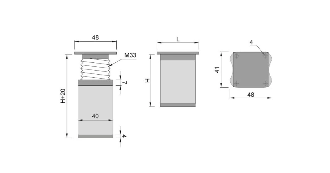 Kép 3/3 - Bútorláb alumínium, DN-027, 100mm, 40*40mm, alu elox - szürke talppal