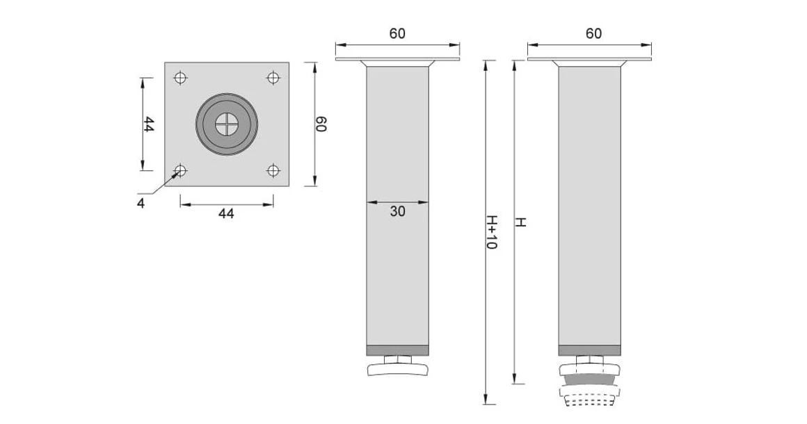 Kép 2/2 - Bútorláb fém, DN-737, 100mm, 30mm átmérő, 60*60mm talppal, fekete