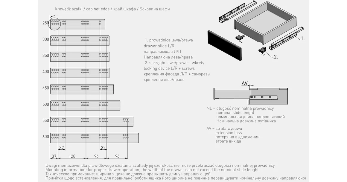 Kép 8/8 - Rejtett fióksín, teljes kihúzású, csillapított záródású, 250 mm, kuplunggal, 18mm laphoz, 3D állíthatóság H