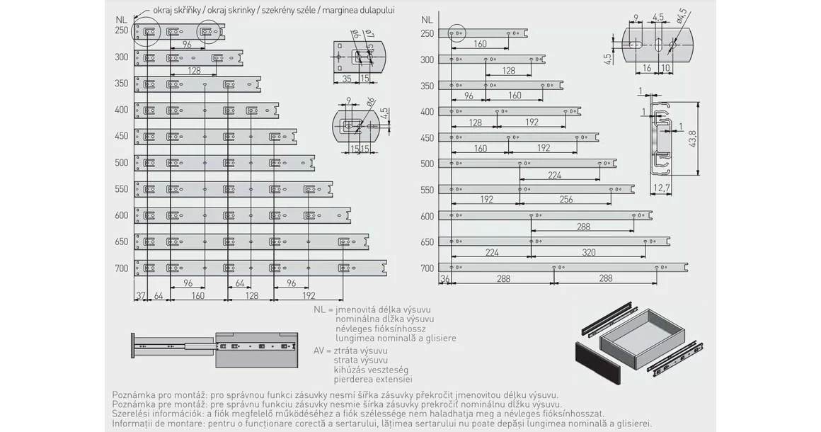 Kép 2/2 - Golyós fióksín, teljes kihúzású, h=45mm, 250mm, 30kg, GX1