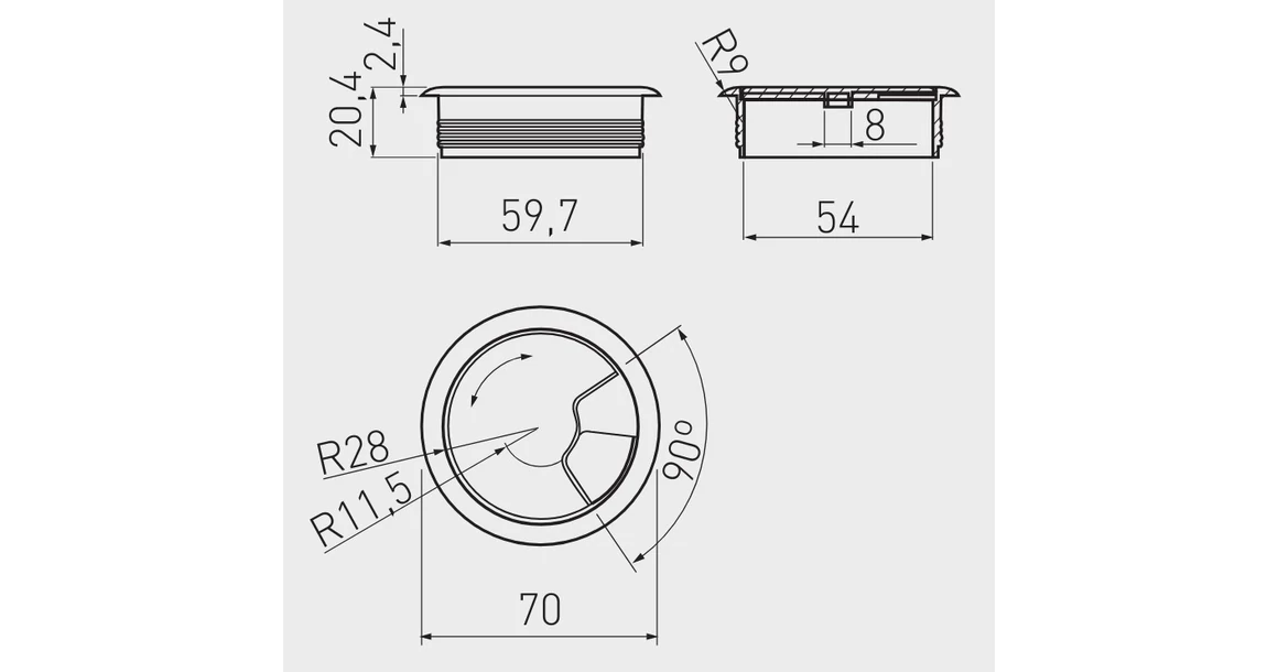 Kép 4/4 - Kábelátvezető 60mm, műanyag, alu hatás