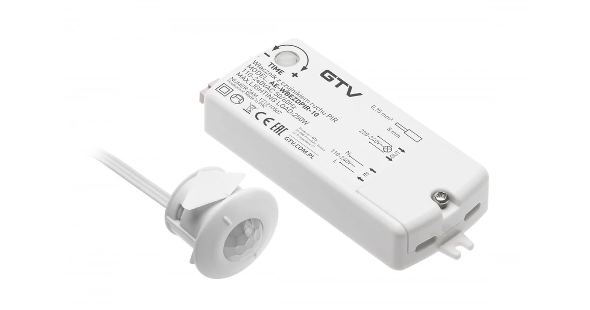 Kép 1/2 - Kapcsoló, mozgásérzékelős, állítható idő, 240V, Max 250W, 2fm kábellel, fehér