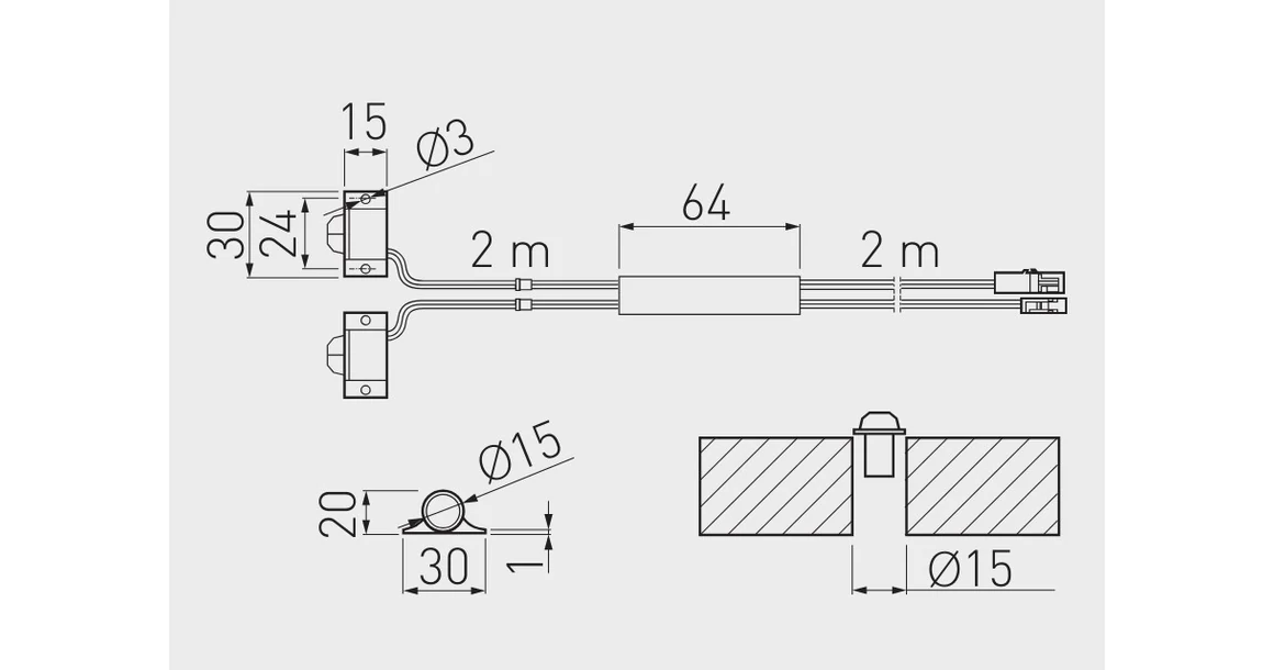 Kép 3/3 - Kapcsoló, mozgásérzékelős, dupla, 12/24V, Max 24/48W, Mini AMP csatlakozóval, 2fm kábellel, fekete
