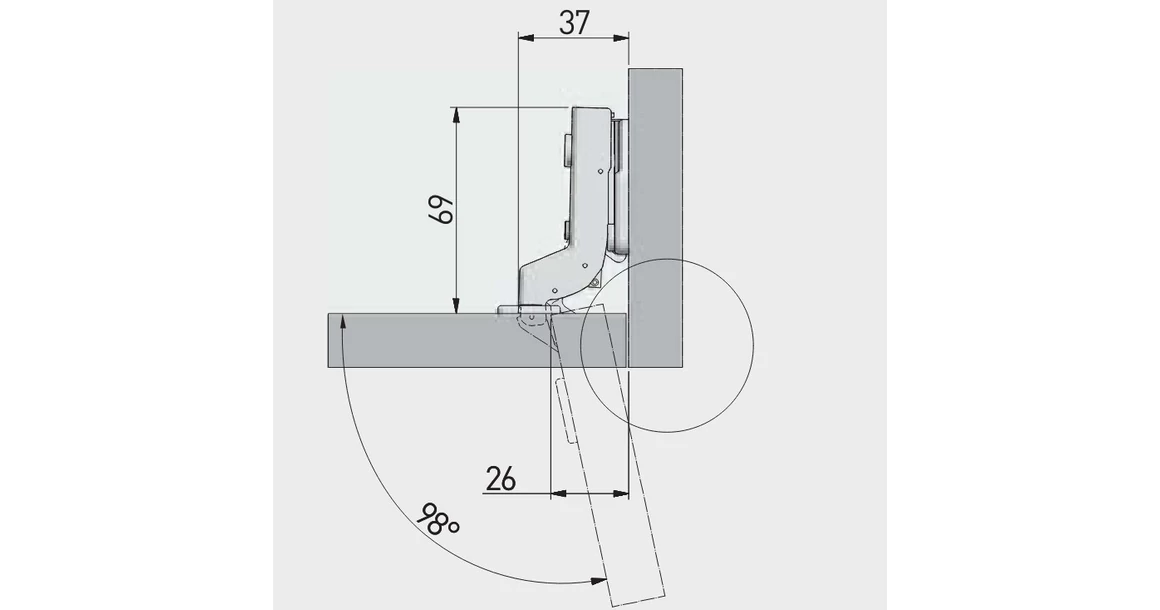 Kép 2/2 - Kivetőpánt, közézáródó, csillapított záródású, klippes, eurocsavar nélkülu HC excenteres talp h=0