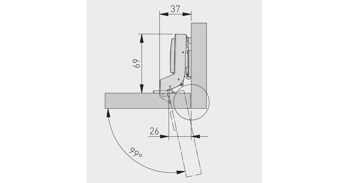 Kép 4/4 - Kivetőpánt, közézáródó, csillapított záródású, excentrikus 3D állítással, klippes eurocsavar nélküli talppal h=0