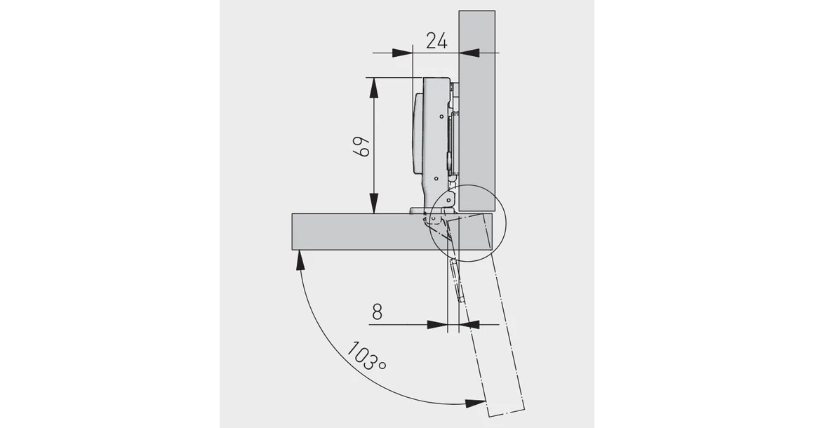 Kép 4/4 - Kivetőpánt, rázáródó, csillapított záródású, excentrikus 3D állítással, klippes eurocsavar nélküli talppal h=0
