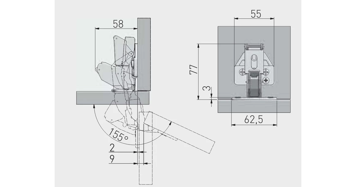 Kép 4/4 - Kivetőpánt, 155°, csillapított záródású, klippes, eurocsavar nélküli talp h=0