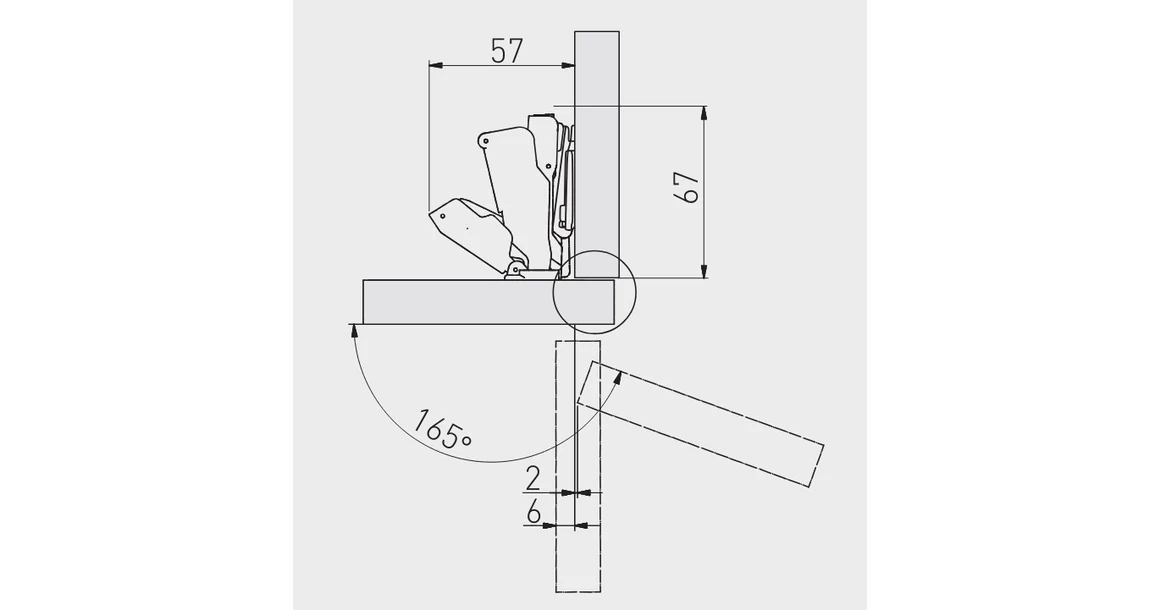 Kép 2/2 - Kivetőpánt, 165°, csillapított záródású, klippes, eurocsavar nélküli excenteres talp h=0