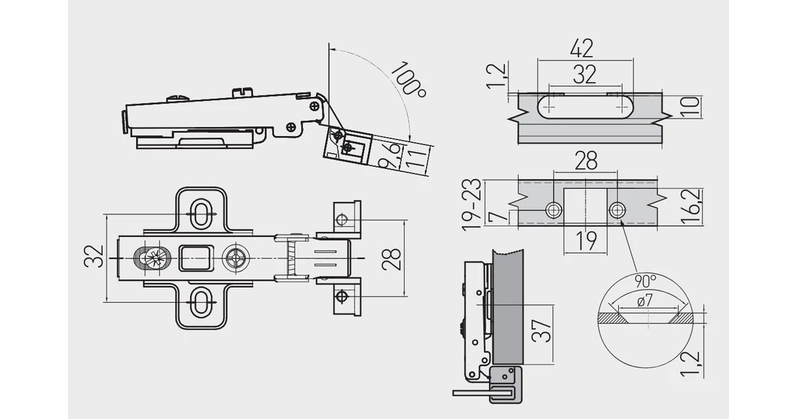 Kép 2/2 - Kivetőpánt, alu kerethez, rázáródó, csillapított záródású, klippes, eurocsavar nélküli talp h=2