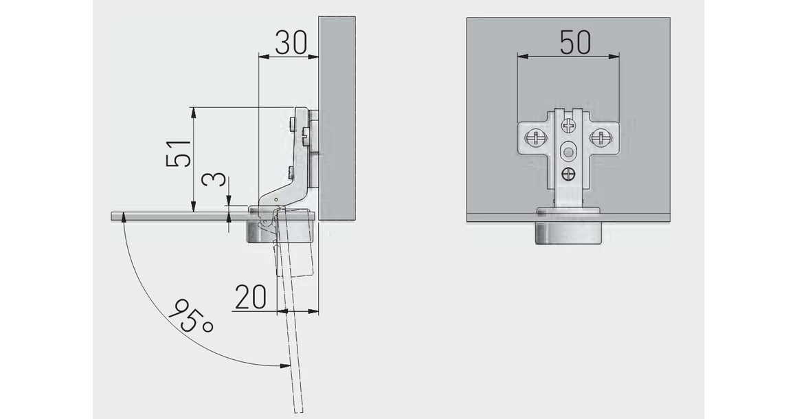 Kép 2/2 - Kivetőpánt, üvegajtóhoz, közézáródó, eurocsavaros talp h=0, króm, O kupakkal