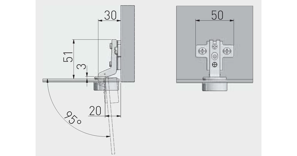 Kép 2/2 - Kivetőpánt, üvegajtóhoz, közézáródó, eurocsavaros talp h=0, matt króm, O kupakkal