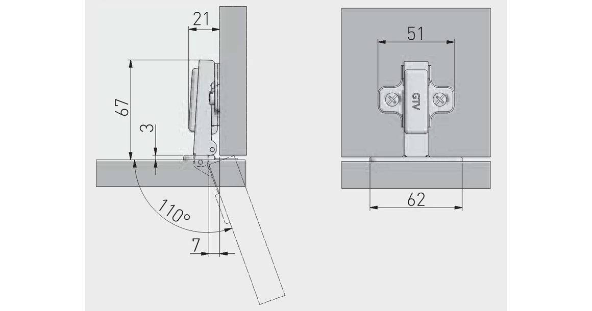 Kép 2/2 - Kivetőpánt, rázáródó, klippes, rugó nélkül, Push Open-hez eurocsavaros talp h=0