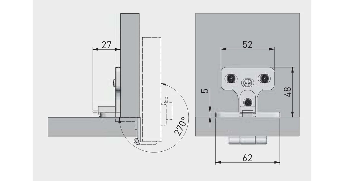 Kép 2/2 - Kivetőpánt, 270°, klippes, eurocsavar nélküli talp