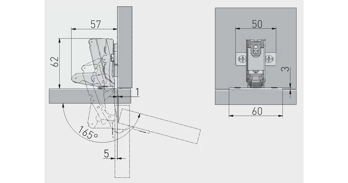 Kép 2/2 - Kivetőpánt, 165°, eurócsavaros talp h=2