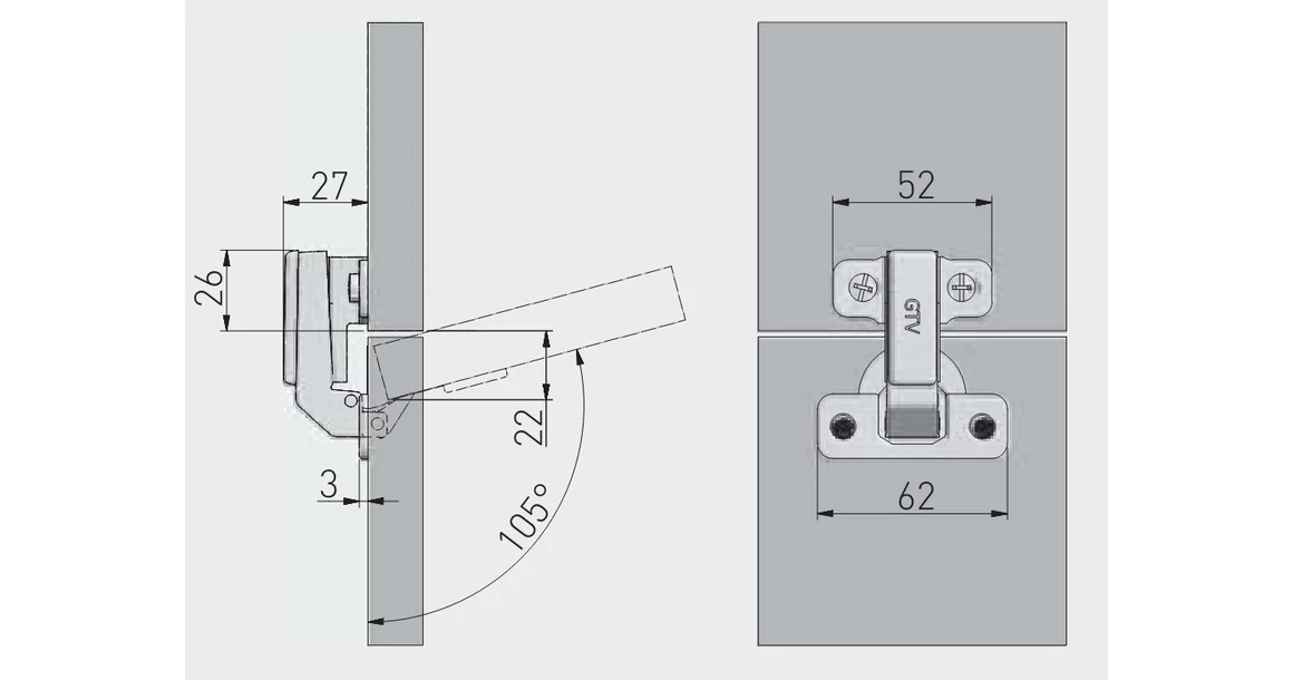 Kép 2/2 - Kivetőpánt, pillér, rövid karos, eurócsavaros talp h=6
