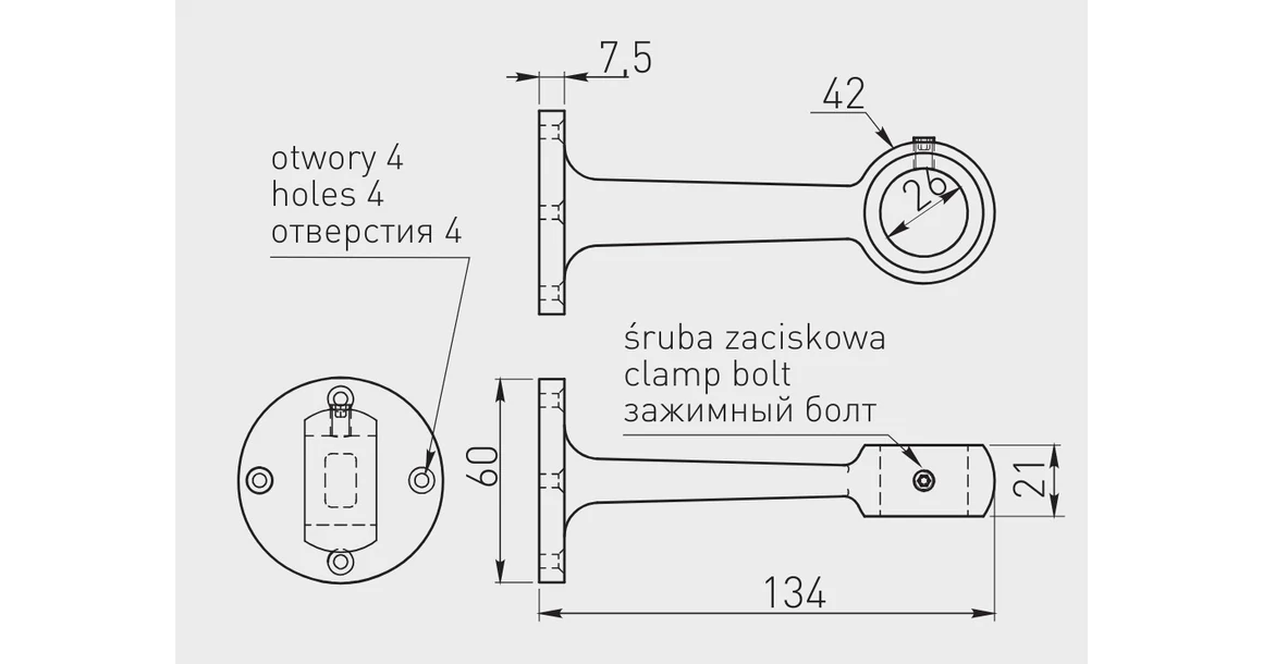Kép 2/2 - Mándlirúd tartó kerekhez, átmenő, függesztett, króm