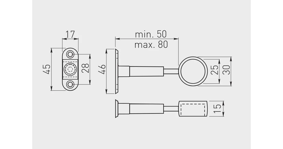 Kép 2/2 - Mándlirúd tartó kerekhez, átmenő, függesztett, állítható, króm