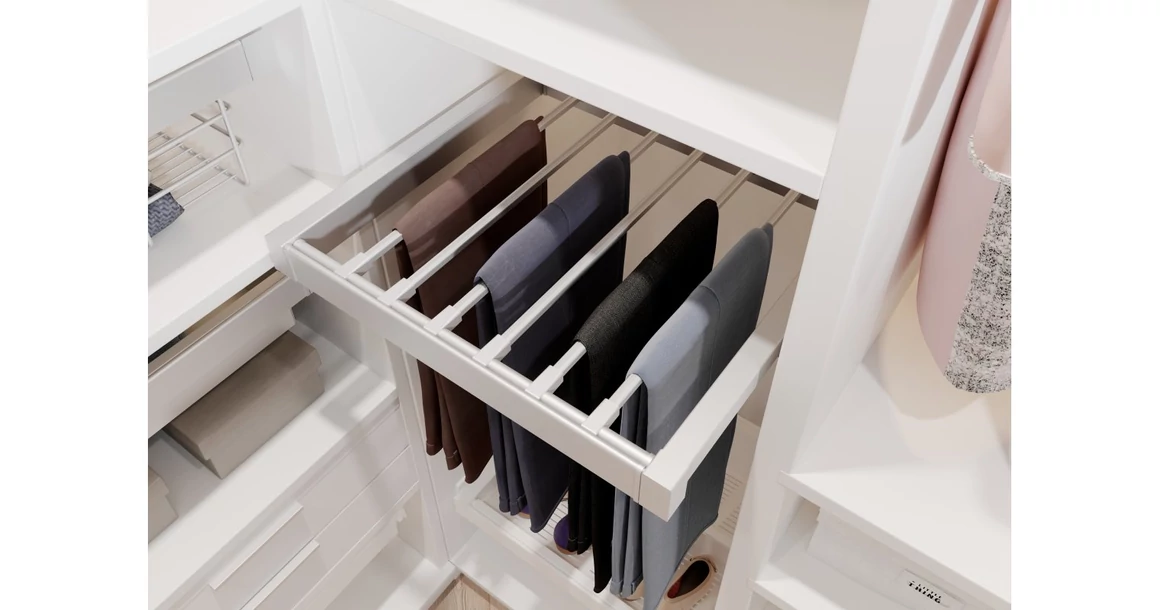 Kép 2/4 - Gardób ELITE nadrágtartó 58mm magas, teljes kihúzású, csillapított záródású, rejtett fióksínnel szerelve, 860-918mm, fehér