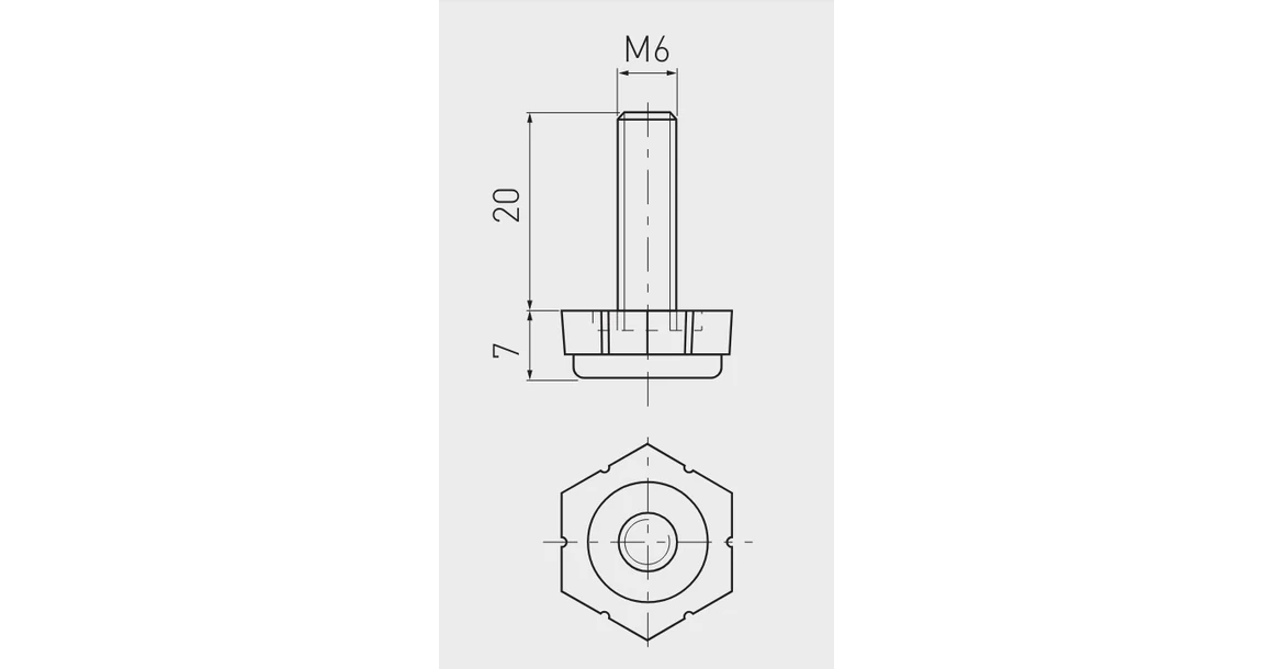 Kép 2/2 - Szintezőláb műanyag-fém, M6 hoz meneset rögzítő, csavarozható imbuszos, M6