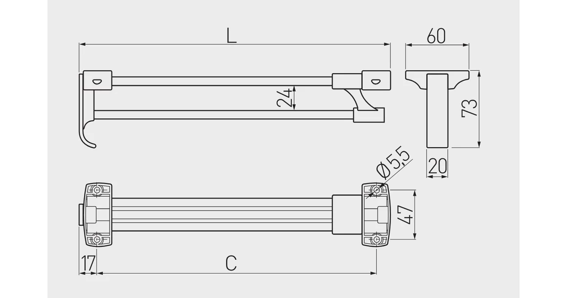 Kép 2/2 - Gardób vállfatartó kihúzható, WSD, 73mm magas, részleges kihúzású, fekete-króm, 250mm