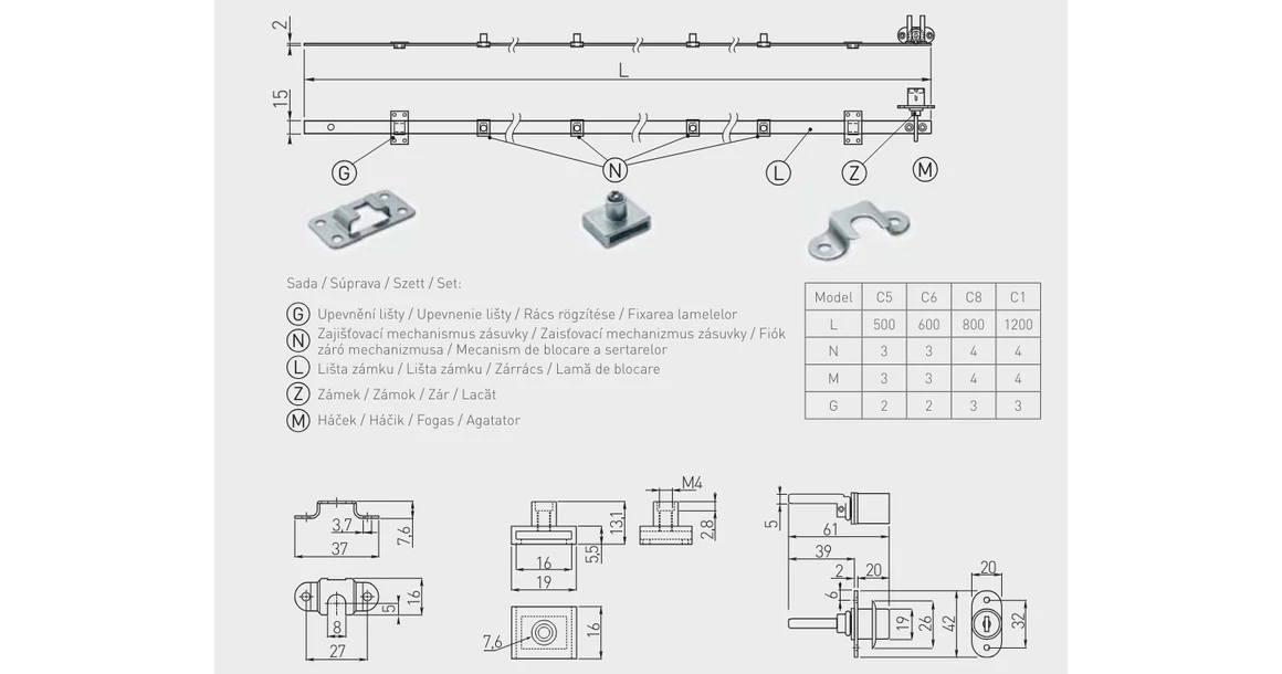 Kép 2/2 - Zár, fiókzár központi, elölről zárható,  500mm rúddal, 3 fiókhoz