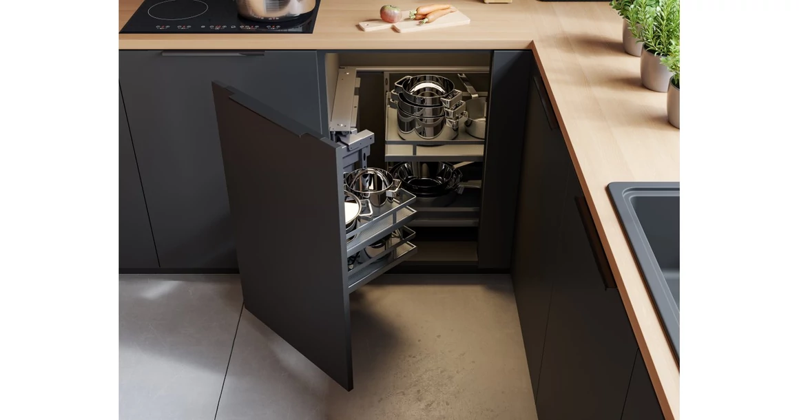 Kép 1/3 - Konyhai fémrács, sarokszekrénybe, Movix Pro Corner, univerzális, Króm-Fehér, 450/800mm, részleges kihúzású, csillapított záródású