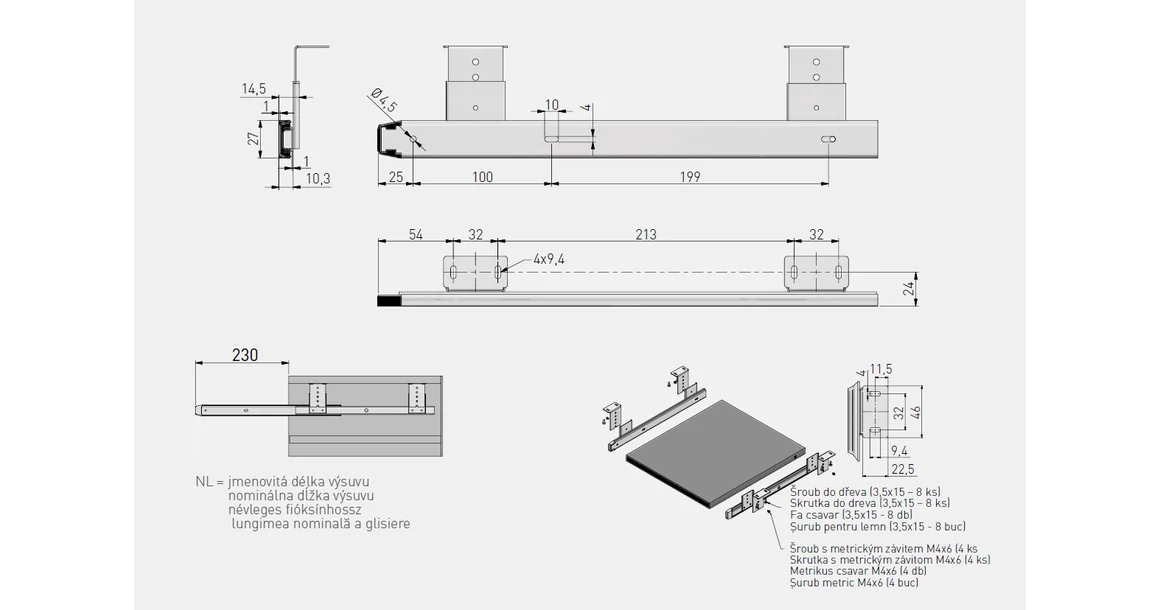Kép 2/2 - Golyós fióksín, részleges kihúzású, billentyúzettartóhoz, h=27mm, 360mm, 5kg
