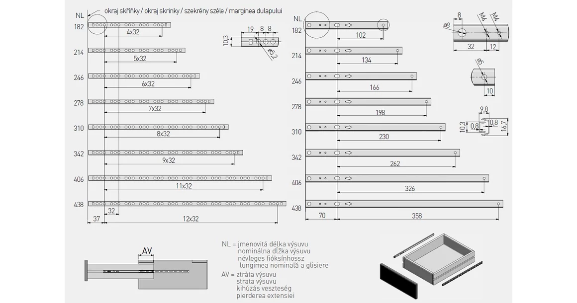 Kép 2/2 - Golyós fióksín, részleges kihúzású, h=17mm, 182mm, 8kg
