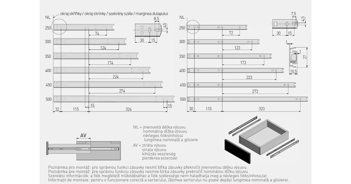 Kép 2/2 - Golyós fióksín, részleges kihúzású, h=27mm, 300mm, 15kg