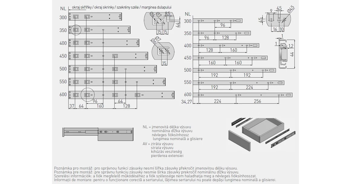 Kép 2/5 - Golyós fióksín, teljes kihúzású, csillapított záródású, h=45mm, 300mm, 25kg VERSALITE LIGHT