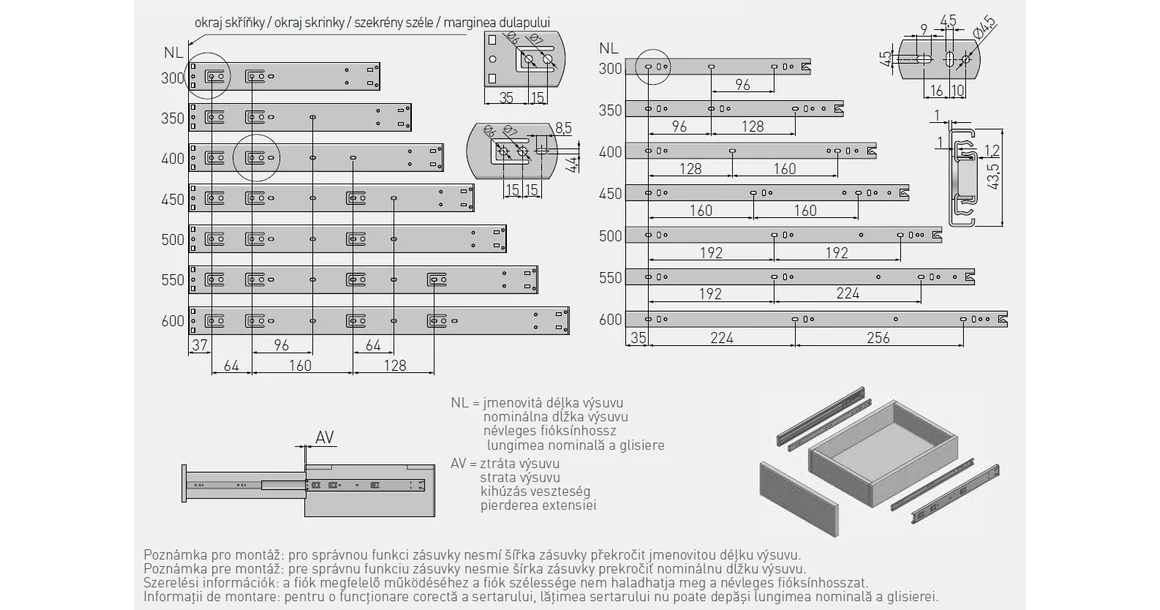 Kép 2/2 - Golyós fióksín, teljes kihúzású, PUSH OPEN, h=45 mm, 300 mm, 25kg