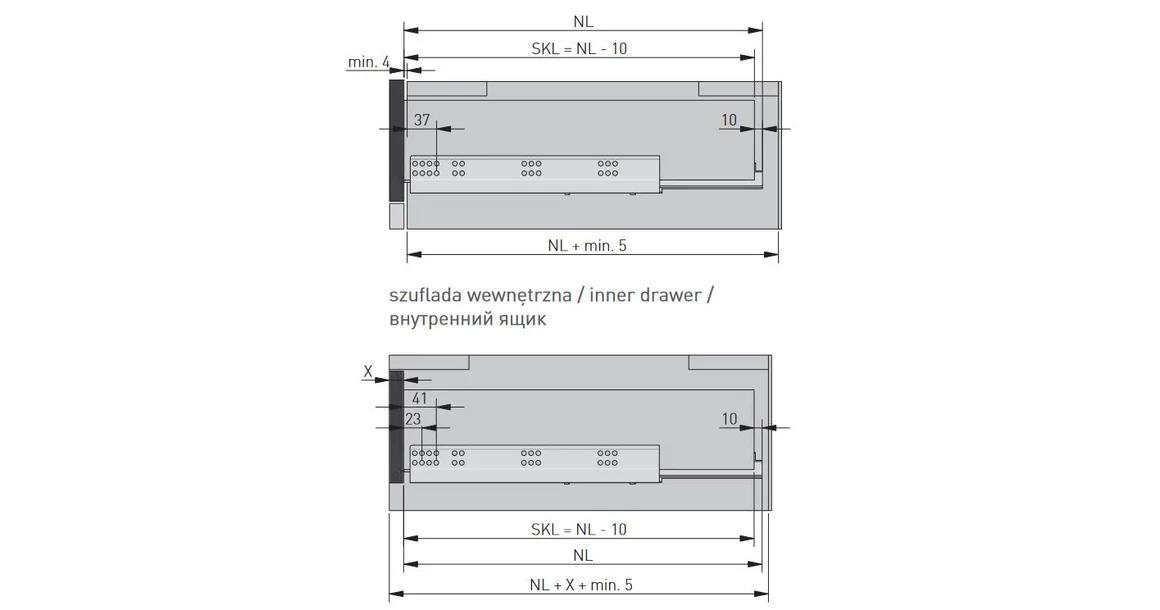 Kép 3/5 - Rejtett fióksín, teljes kihúzású, PUSH OPEN, 270 mm, kuplunggal