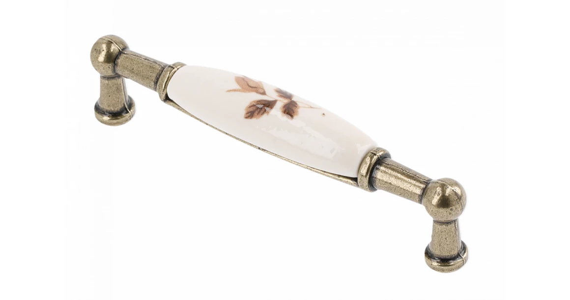 Kép 1/3 - Fogantyú porcelán-fém,   96mm, 728B, barna virág antik bronz