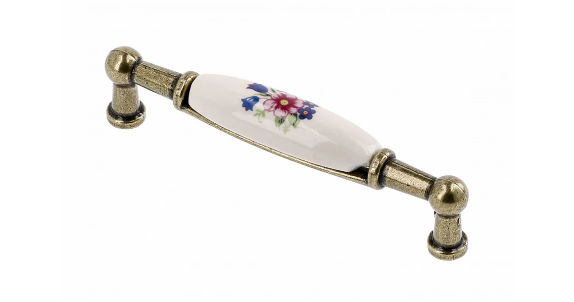 Kép 1/3 - Fogantyú porcelán-fém,   96mm, 728B, lila virág antik bronz