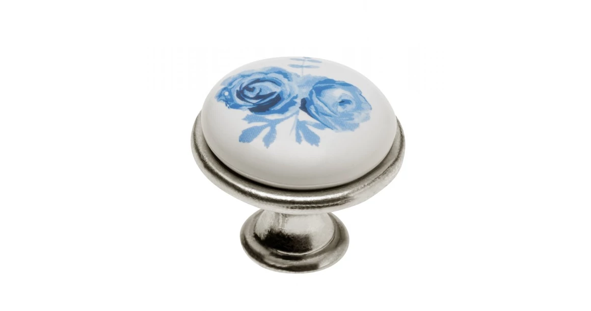 Kép 1/3 - Fogantyú porcelán-fém, gomb J4, antik ezüst - kék virág