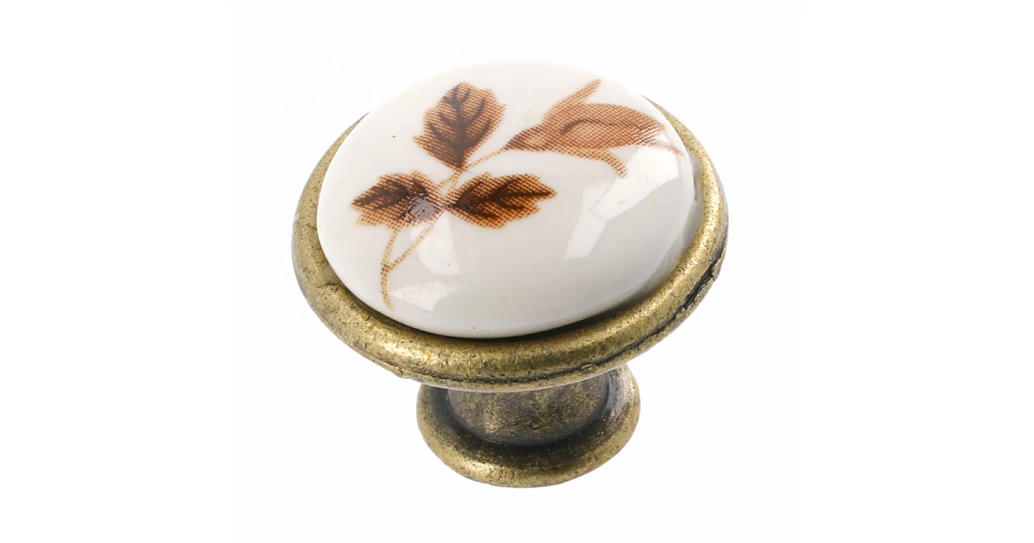 Kép 1/5 - Fogantyú porcelán-fém, gomb J4, antik sárgaréz - barna virág