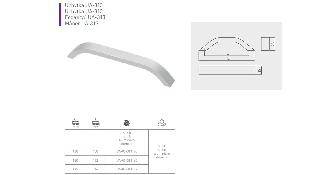 Kép 3/3 - Fogantyú alumínium,  128mm, UA-313, alu elox