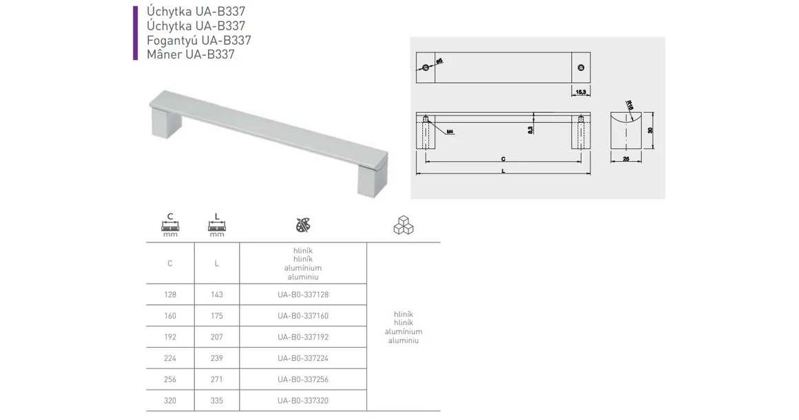 Kép 3/3 - Fogantyú alumínium,  224mm, UA-B337, alu elox