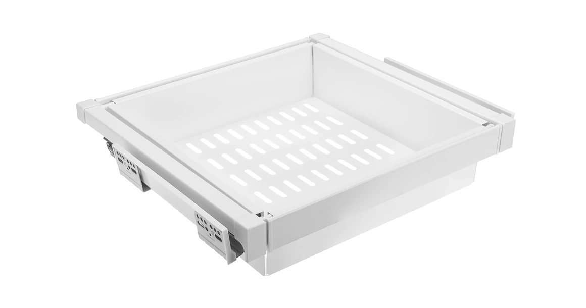 Kép 1/5 - Gardób ELITE kosár 116mm magas, teljes kihúzású, csillapított záródású, rejtett fióksínnel szerelve, 560-618mm, fehér
