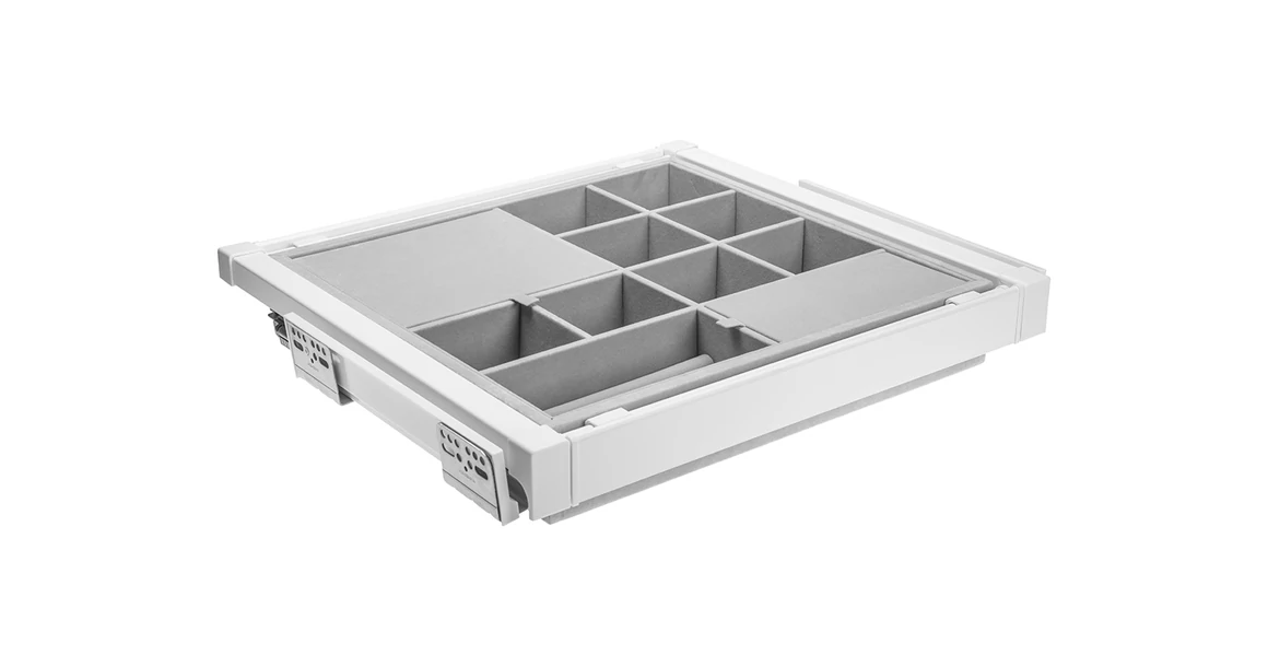 Kép 1/5 - Gardób ELITE rendszerező  80mm magas, teljes kihúzású, csillapított záródású, rejtett fióksínnel szerelve, 560-618mm, fehér