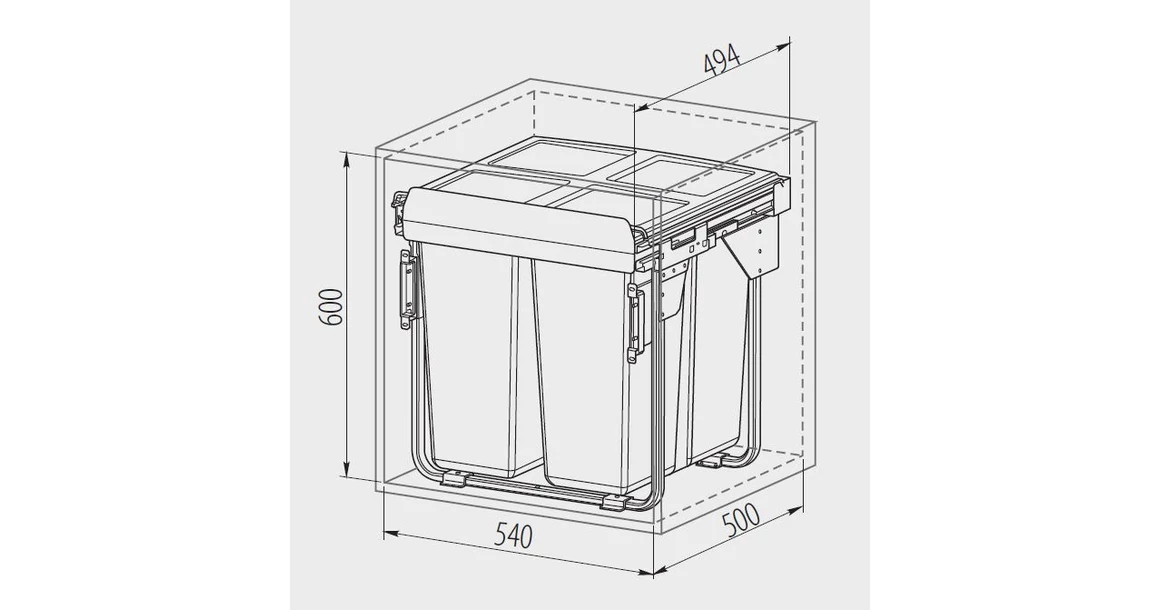 Kép 3/4 - Hulladékgyűjtő GTV Practi Eco 600, szelektív, frontkihúzású, lágy záródás, 2*34 L edénnyel, fedéllel