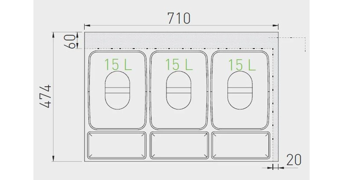 Kép 3/3 - Hulladékgyűjtő GTV Multino 800, szelektív, utólag behelyezhető, 3*15 L edénnyel, fedéllel, tárolókkal