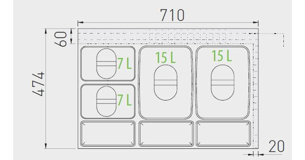 Kép 3/3 - Hulladékgyűjtő GTV Multino 800, szelektív, utólag behelyezhető, 2*15+2*7 L edénnyel, fedéllel, tárolókkal