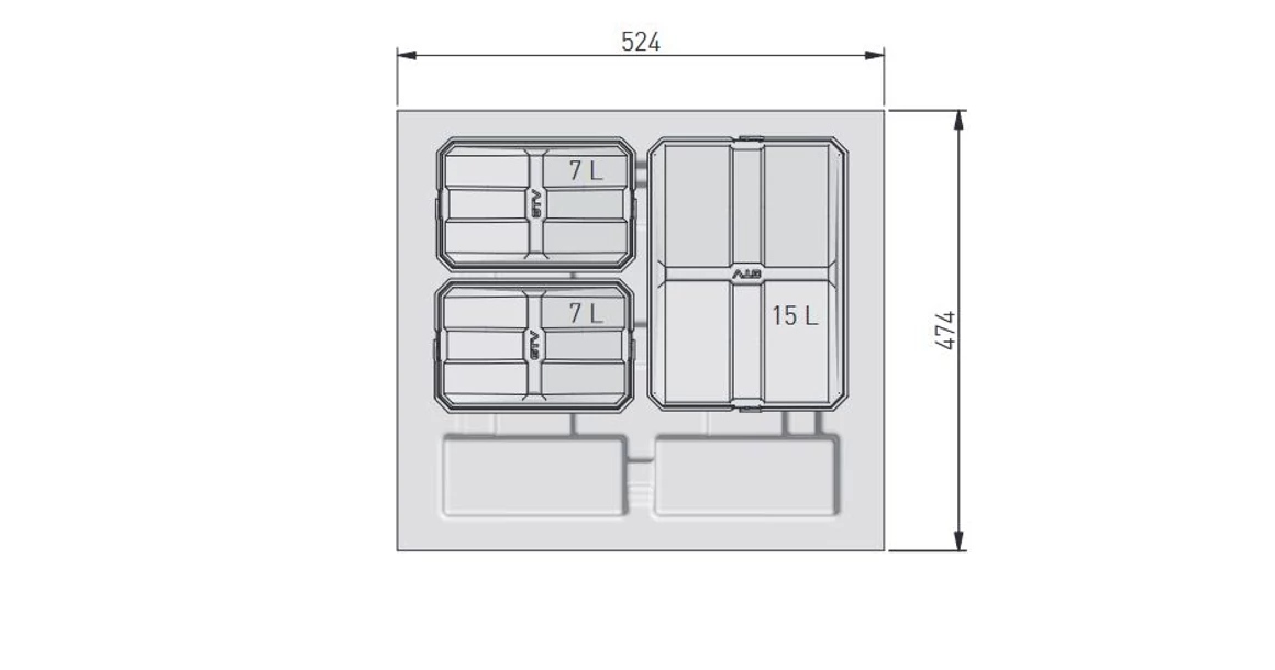 Kép 3/4 - Hulladékgyűjtő AxiSpace 600mm, mozgatórendszer nélkül, 1x15L, 2x7L edényekkel, tálcával, fedelekkel