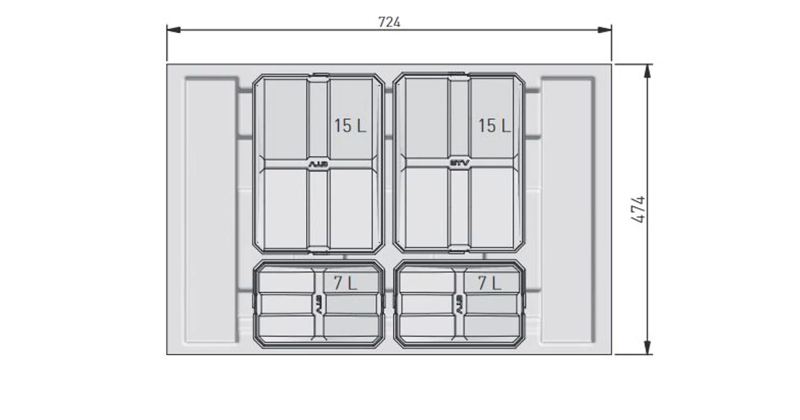 Kép 3/4 - Hulladékgyűjtő AxiSpace 800mm, mozgatórendszer nélkül, 2x15L, 2x7L edényekkel, tálcával, fedelekkel