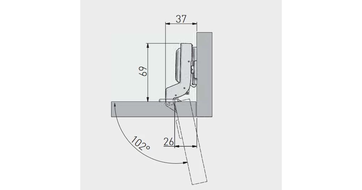 Kép 2/2 - Kivetőpánt, közézáródó, csillapított záródású, klippes, eurocsavar nélküli talp h=0