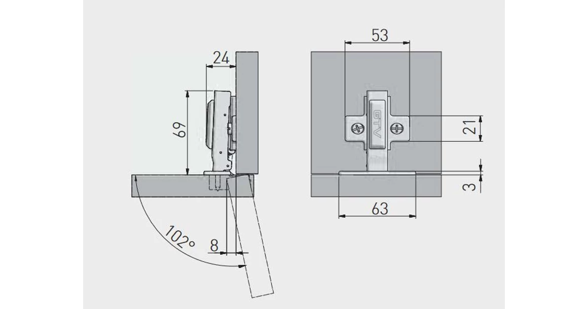 Kép 2/2 - Kivetőpánt, rázáródó, csillapított záródású, klippes, eurocsavar nélküli talp h=0, takarókkal