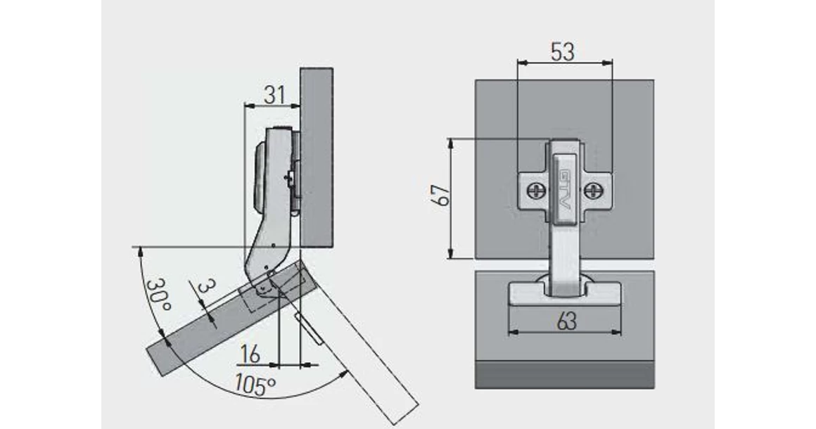 Kép 3/3 - Kivetőpánt, 30°, csillapított záródású, klippes, eurocsavar nélküli talp h=0