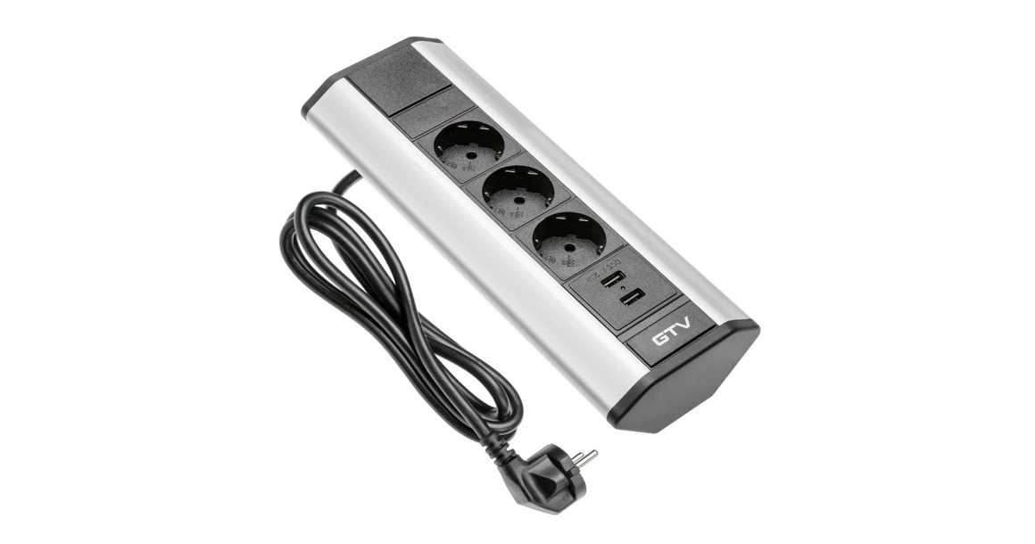 Kép 1/2 - Konnektor, sarokba, 3x dugalj, 2x USB 2A, 1,5 fm kábellel, ezüst - fekete