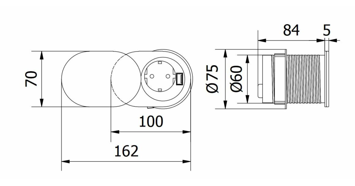 Kép 2/4 - Konnektor, pultba süllyesztett, SLIDE, 1x dugalj, 1x USB 2,1A, 1,9fm kábellel, inox-fekete